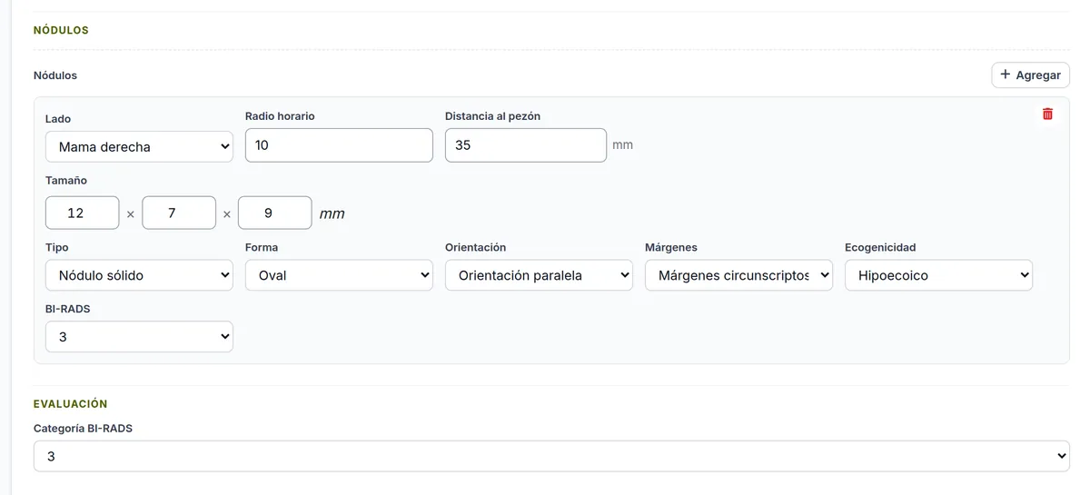 Ecografía mamaria: nódulo con radio horario, medidas, descriptores y categoría BI-RADS.