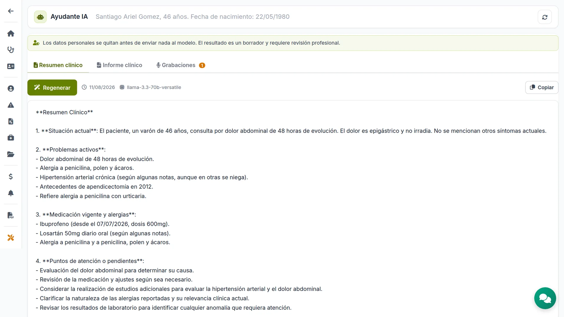 Resumen, informe clínico y grabaciones
